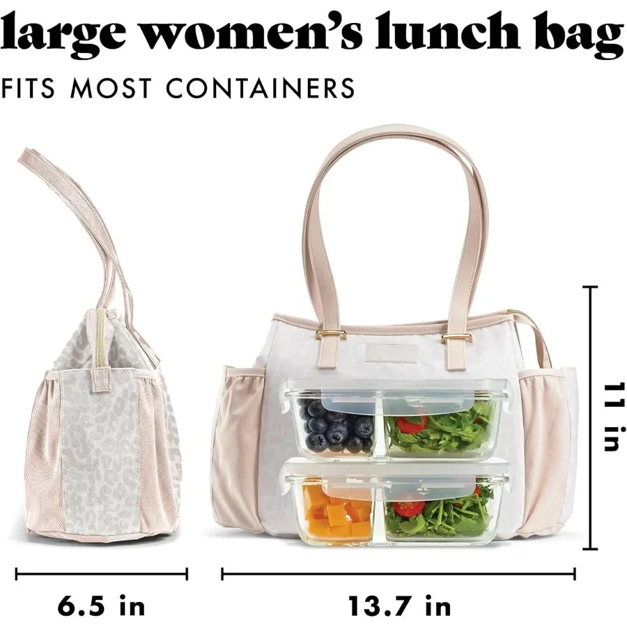 Copley Lunch Kit - Insulated, Stain-Resistant & Lightweight Women's Lunch Bag With Container, Ivory Feline Fine