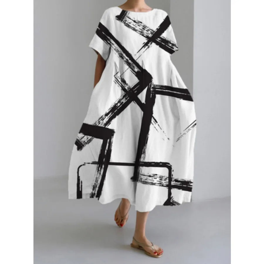 【New style】 - summer new European and American women's clothing loose round neck fashionable high-end short-sleeved printed dre
