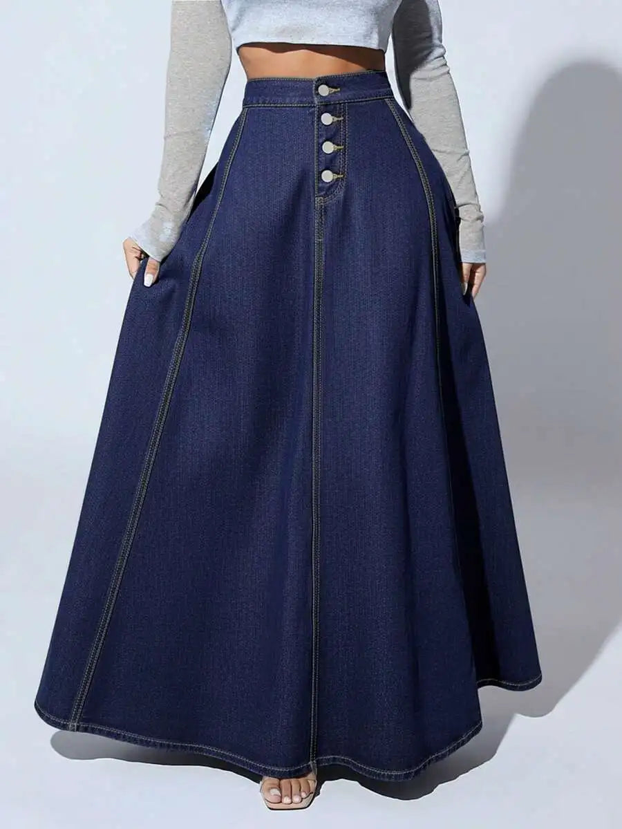 Front Button High-Waisted Denim Maxi Skirt for Women