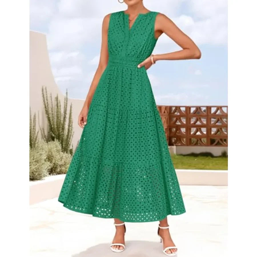 ZESICA Women's 2026 Summer Sleeveless Maxi Dress Casual V Neck Hollow Out Eyelet A Line Flowy Party Long Dresses
