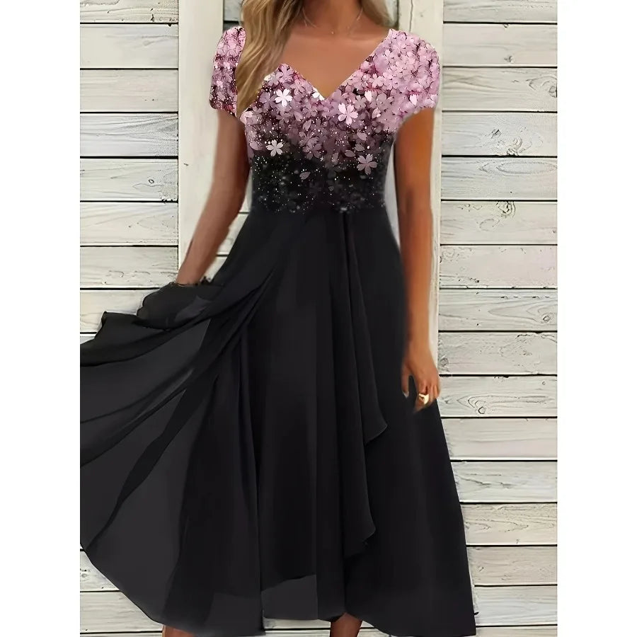 【New style】European and American   women's clothing summer dress sexy print shiny stitching big swing v-neck evening gift A-lin