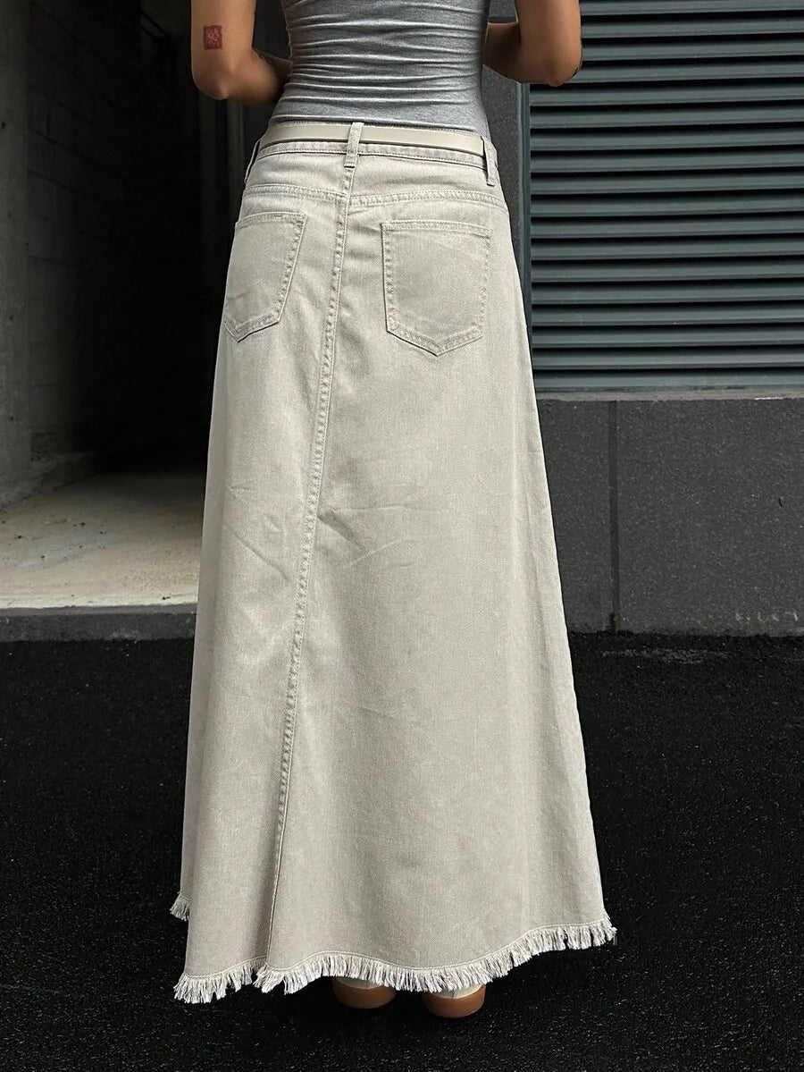 Women's Loose A-Line Denim Skirt with Frayed Hem and Belt, Autumn Casual Wear