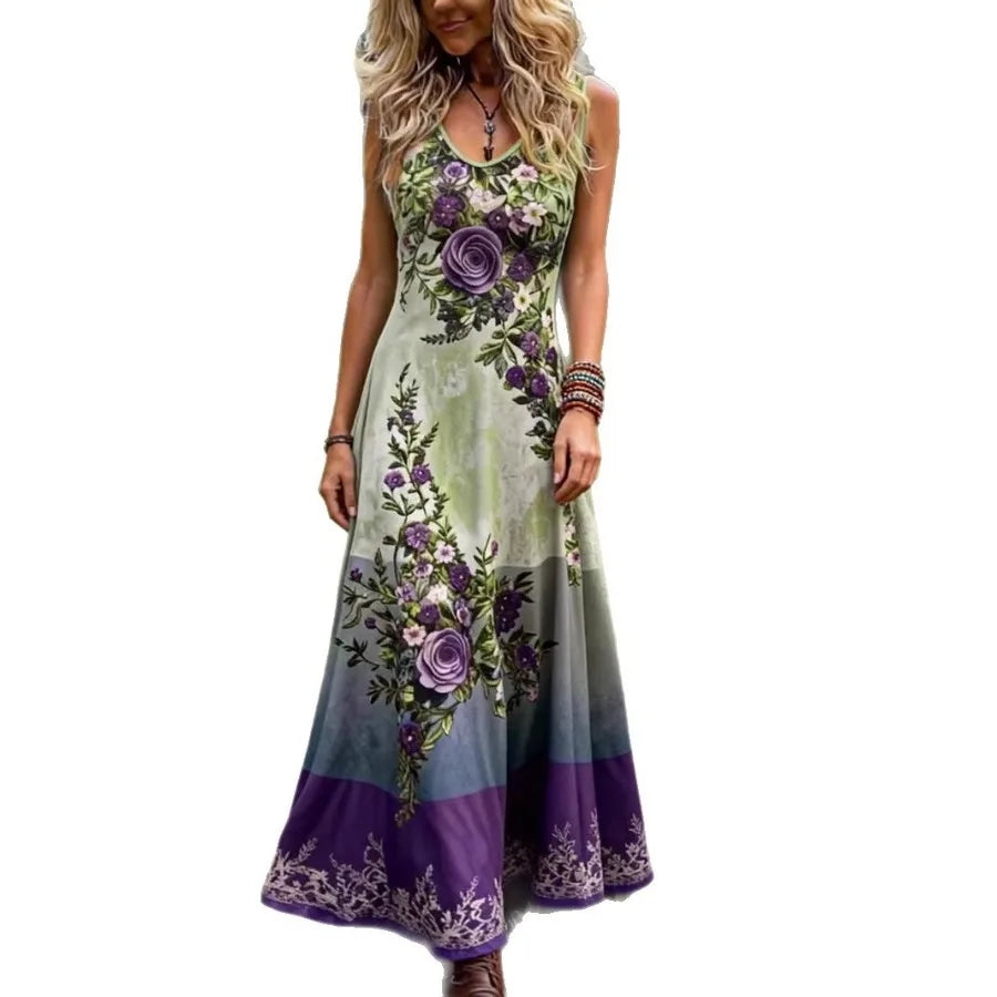【New style】2026 summer new - European and American  sleeveless elegant dress Printed v-neck long dress Large size women's dress