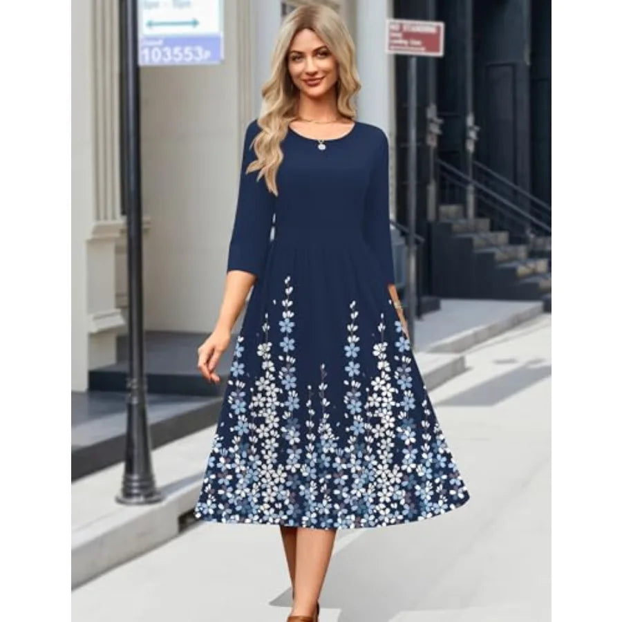 Zeagoo 3/4 Sleeve Women's Dress Casual Flowy A-Line Midi Tshirt Dresses with Pockets Crewneck Vocation Boho Beach Sundress