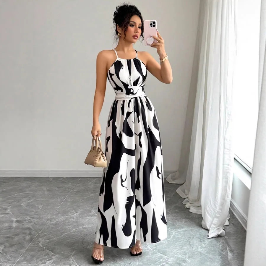 2026 European and American - fashion temperament floral hanging neck long dress