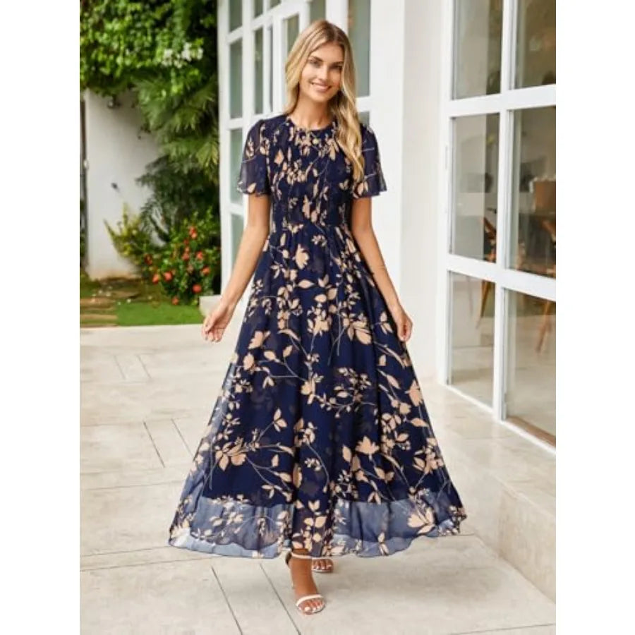 Simplee Womens Casual Floral Summer Maxi Dress 2026 Boho Flowy Short Sleeve Crew Neck Vacation Smocked Chiffon Dresses