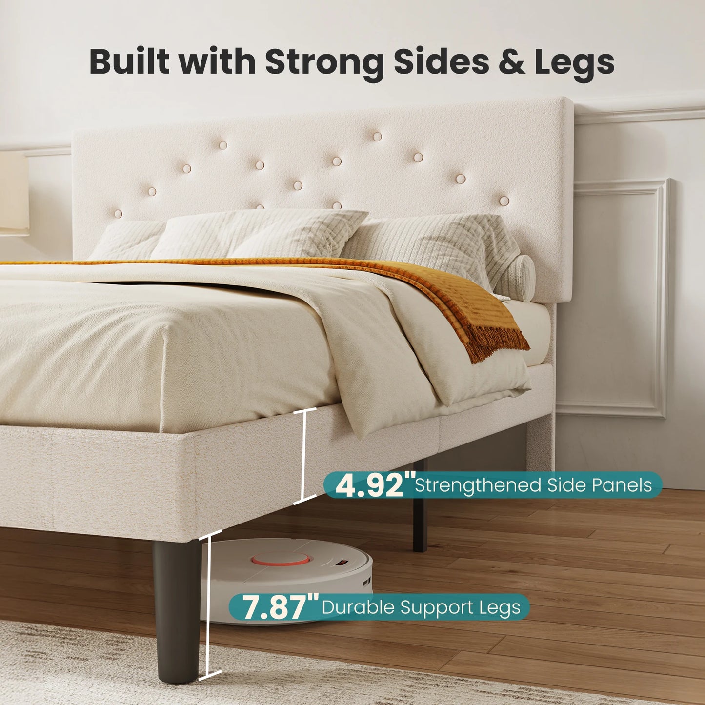 JHK Queen Full Size Bed Frame with Upholstered Headboard Fabric Platform Bed Frame with Wood Slats Support and Heavy Duty Feet