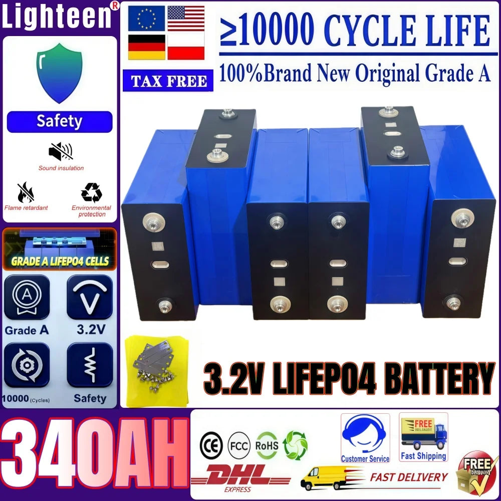 Grade A 3.2V 340AH  Lifepo4 Rechargeable Battery 10000 Cycles DIY 12V 24V 48V RV EV Boat Golf solar energy camping duty-free