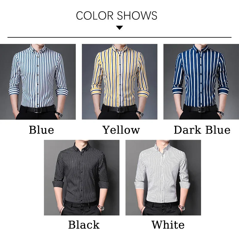 BROWON Brand 2026 Spring Tuxedo Shirt Men Long Sleeve Button Collar Wedding Party Striped Shirt for Man Plus Size 5XL