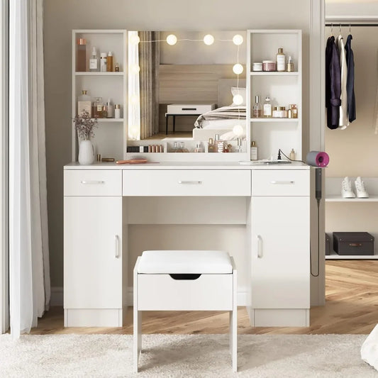 Makeup Vanity Table with Lighted Mirror & Power Strip, Large Vanity Set Vanity Desk with Storage Stool, 3 Lighting, Customized