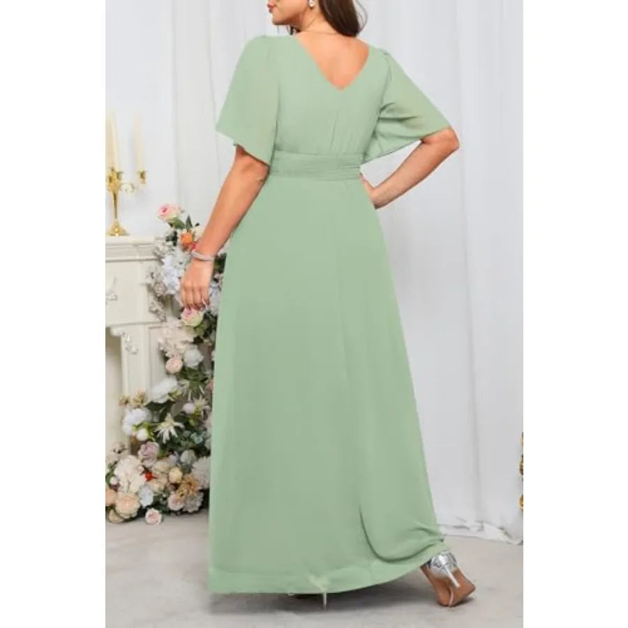 Talisea Plus Size Formal Dresses - V Neck Flutter Sleeves Evening Gowns Bridesmaid Wedding Guest Chiffon Long Maxi Dress