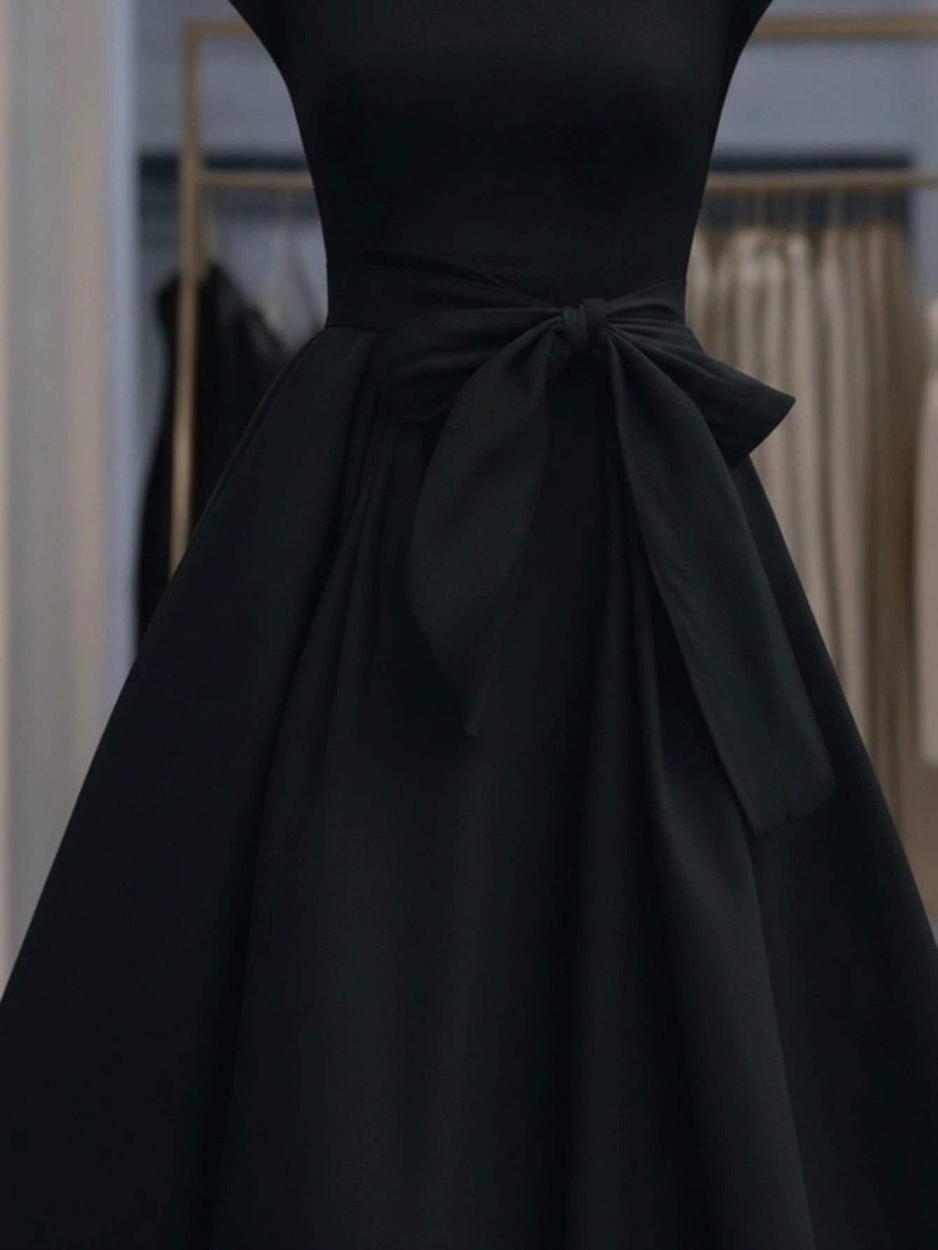 Off Shoulder Cap Sleeve Midi Dress For Women Self Tie Waist Bow A Line Swing Cocktail Party Vintage Black Dress