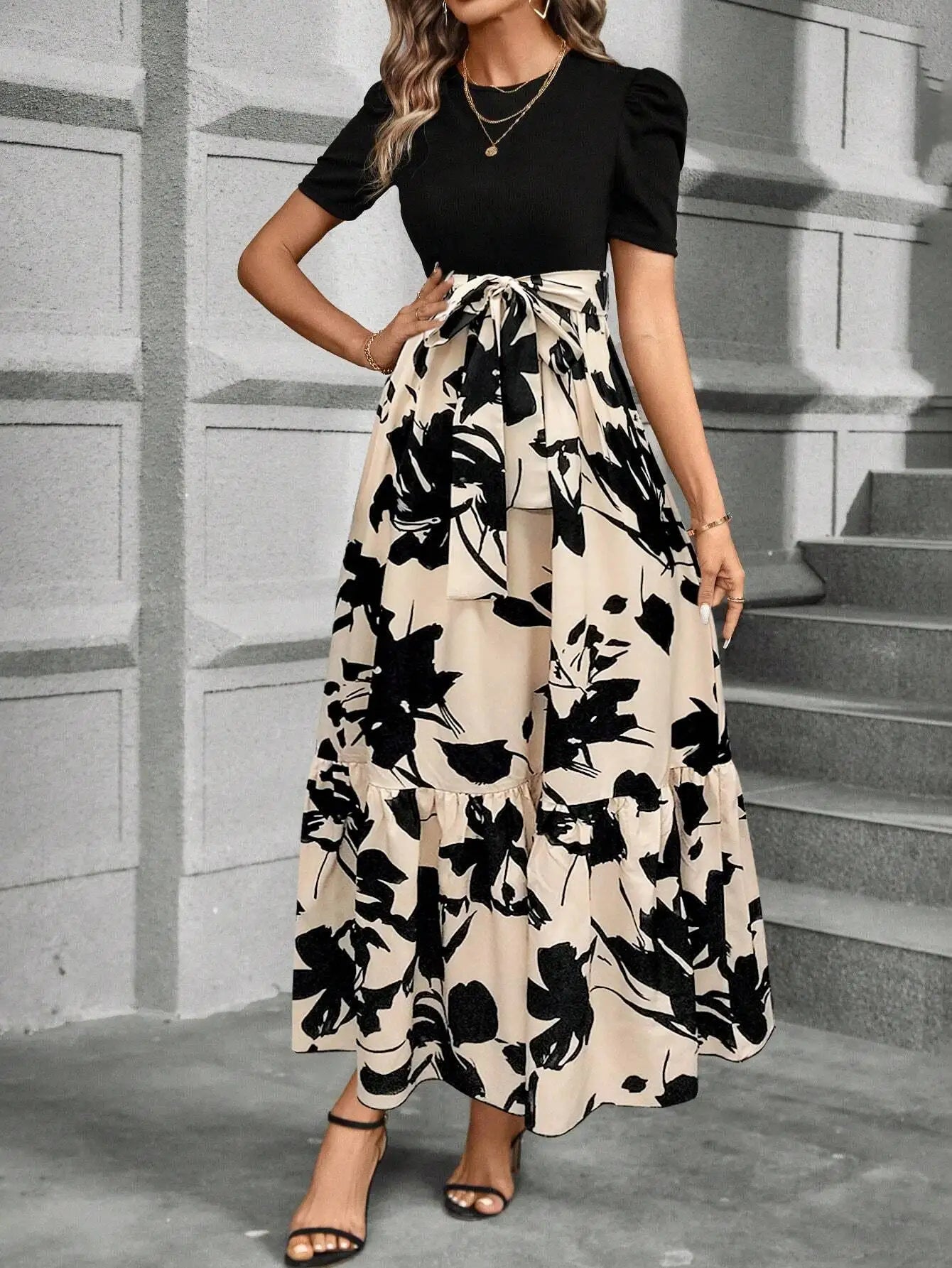 Women's Black Puff Sleeve Floral Print Maxi Dress With Sash Waist