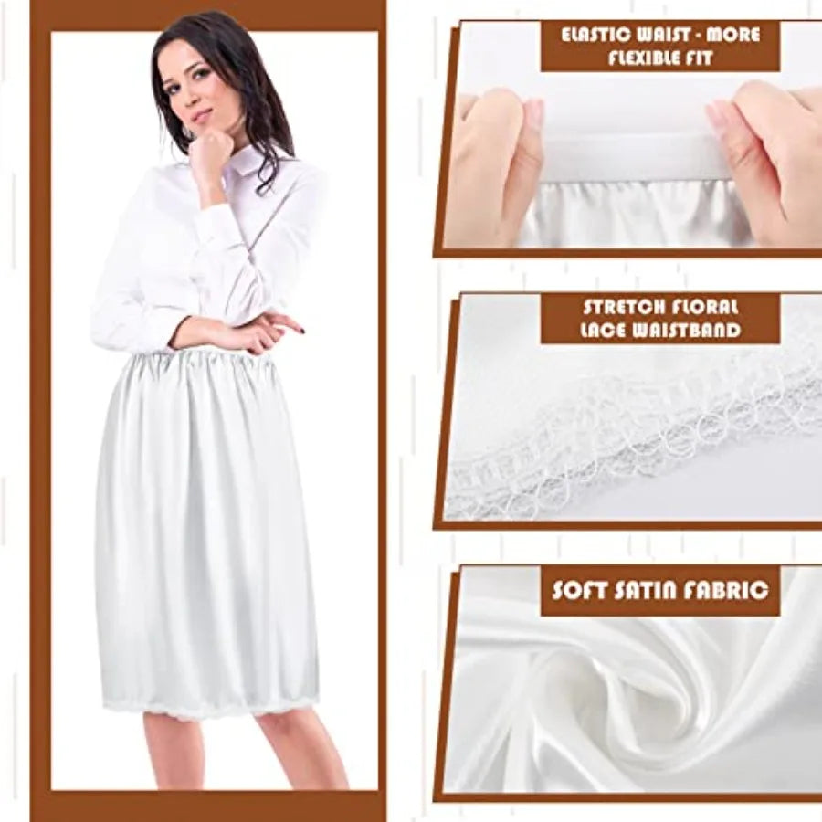 3 Pieces Half Slips for Women 3 Kinds of Length 19, 27, 35 Inch Slip Under Dress Satin Lace Long Skirt