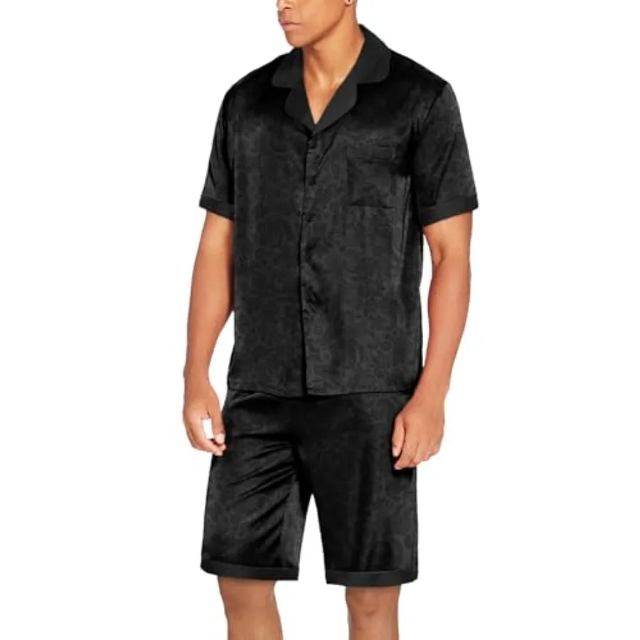 Men Satin Silk Pajamas Set with Pockets Sleepwear Shorts Satin Summer Loungewear 2 Pcs Button Down Set S-3XL