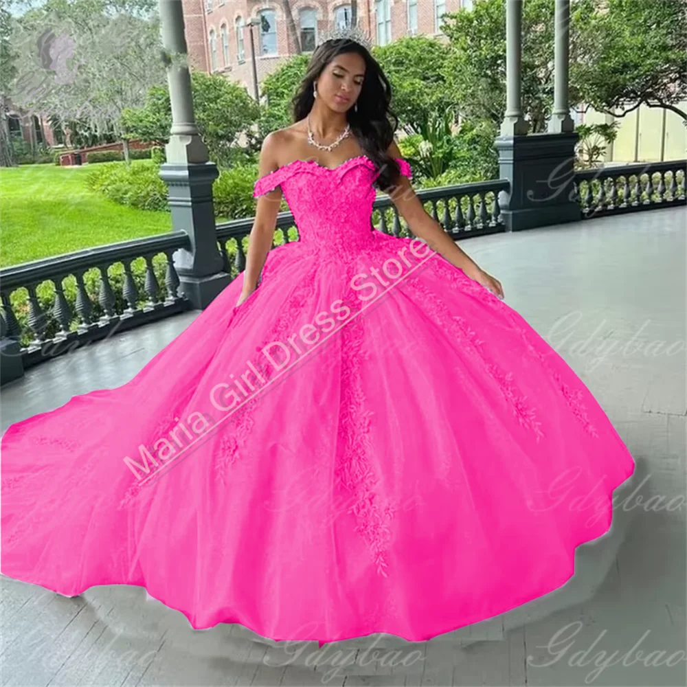 Ball Wedding Beauty Pageant Pink Off-Shoulder Dance Party For  Party Lace Tulle Court Train Formal Birthday Princess Gowns