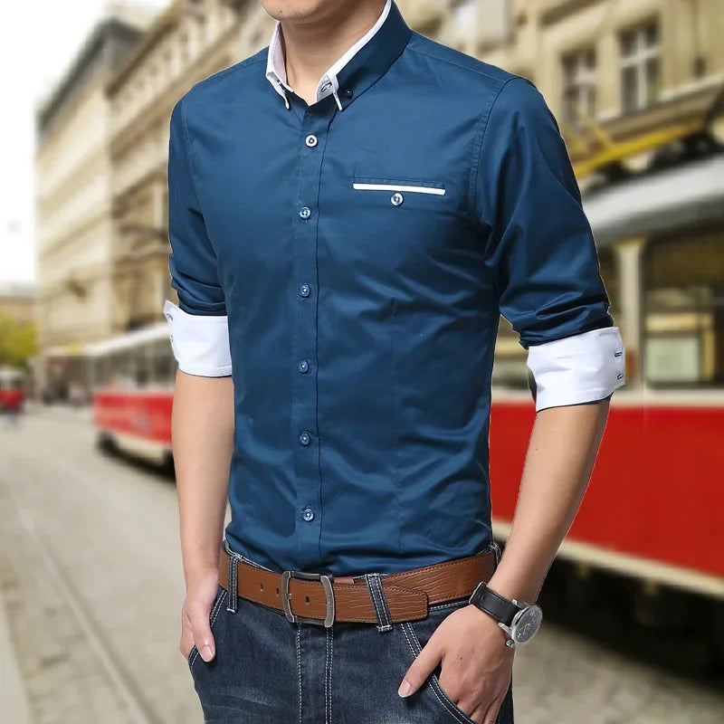 2026 New Arrival Men Casual Business Shirt Long Sleeve Korean Style Solid Color Cotton Mens Shirt Turn Down Collar Shirt for Men