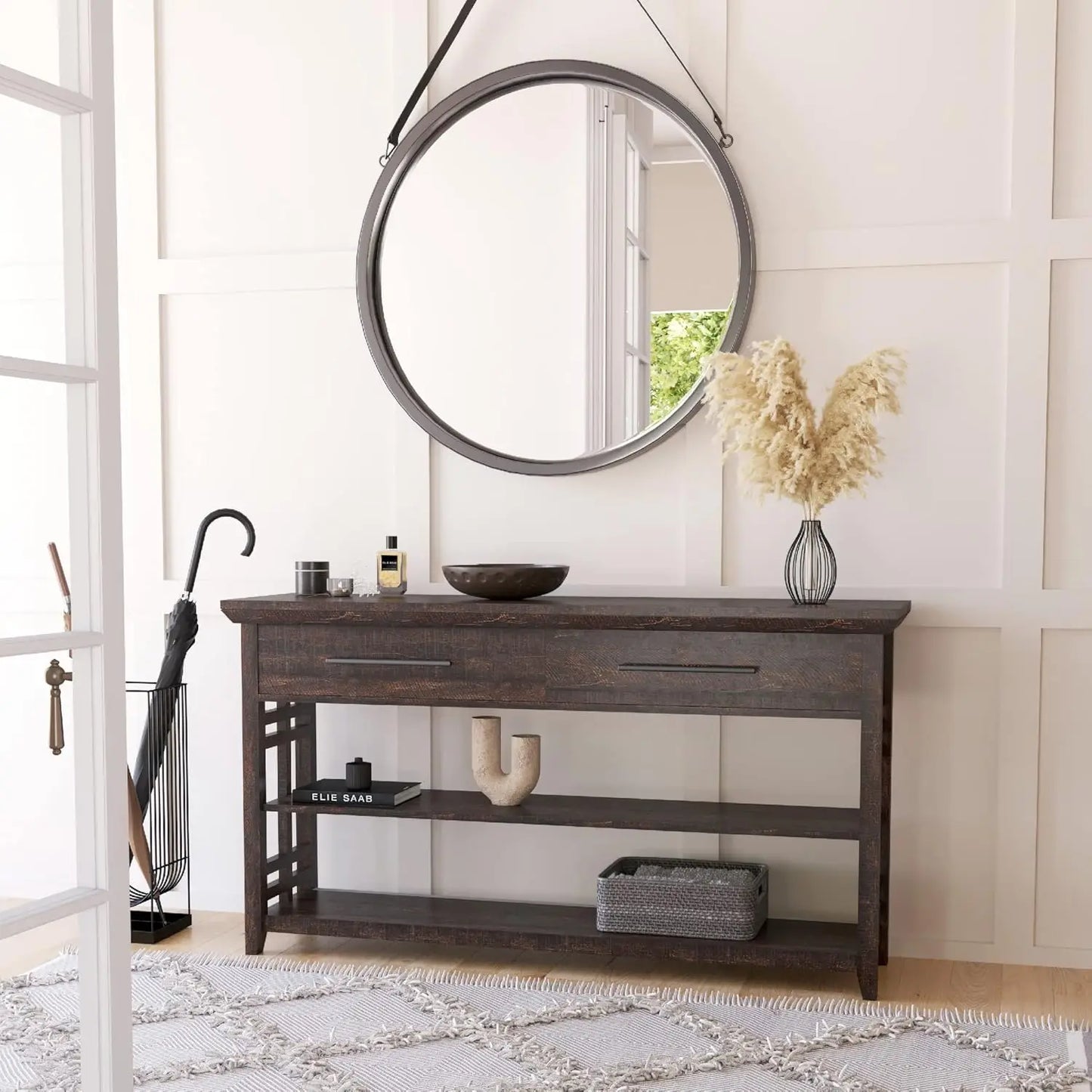 Three-Tier Console Table With Storage Shelves And Drawers