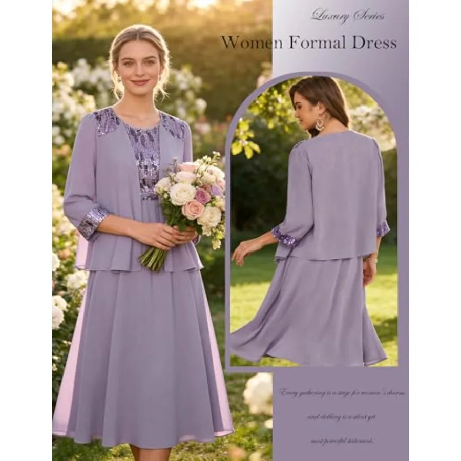 GRACE KARIN Wedding Guest Dress, Mother of The Bride Dresses, Two Pcs Formal Sequin Dress with Jacket Tea Length 2026
