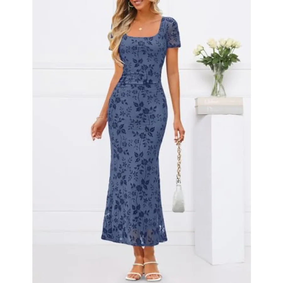 MEROKEETY Women Summer Floral Wedding Guest Maxi Dress 2026 Short Sleeve Square Neck Mesh Bodycon Cocktail Party Long Dresses