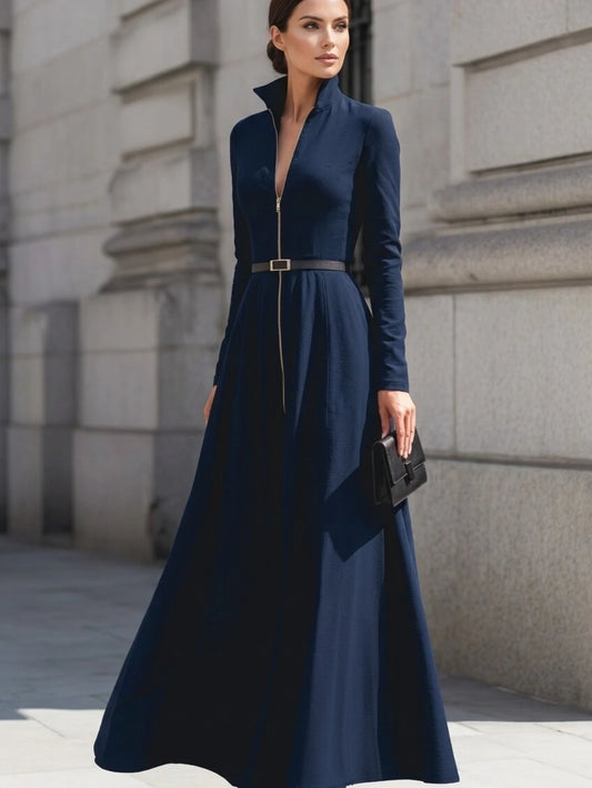 Stand Collar Zip Front Belted Waist Long Sleeve Maxi Swing Dress For Women Formal Business Dress