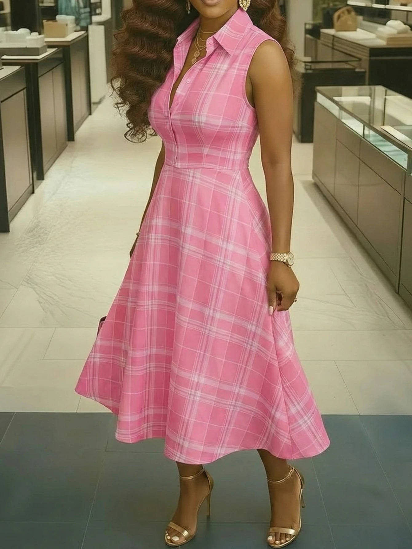 Women Lapel Collar Sleeveless Plaid Print Midi Dress For Shopping Mall Casual Daily And Weekend Vacation Occasion