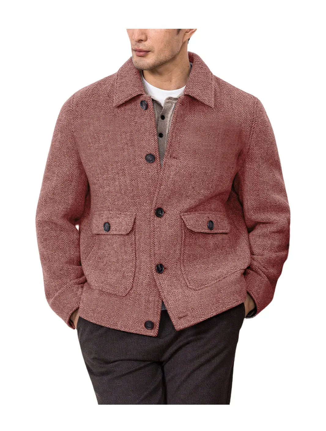Men Vintage Herringbone Short Lapel Button Jacket Casual Outerwear For Daily Commute Weekend Dating Coffee Street Trip Gathering