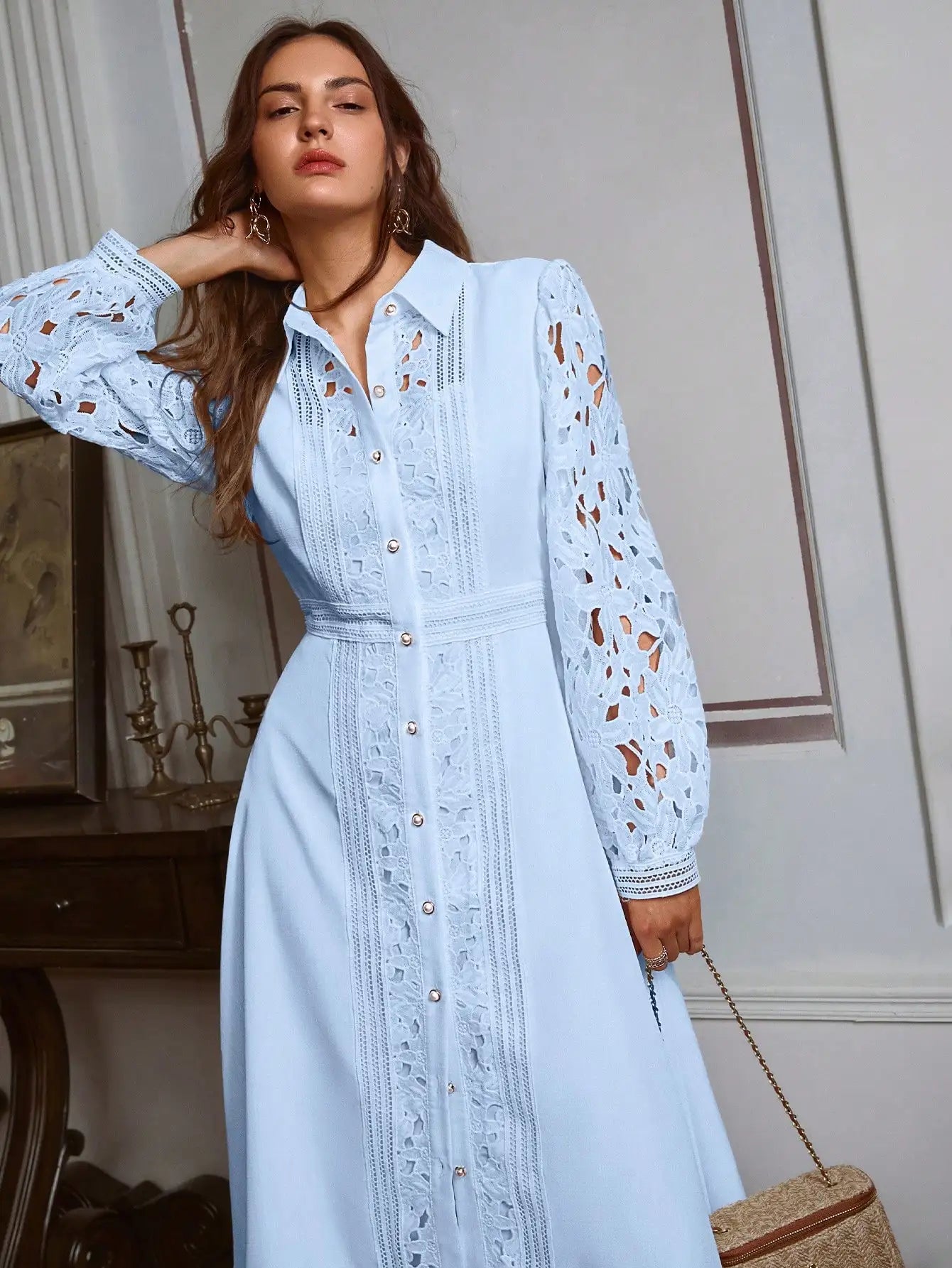 Elegant Solid Sky Blue Hollow Lace Patchwork Button Down Dress Vintage Style