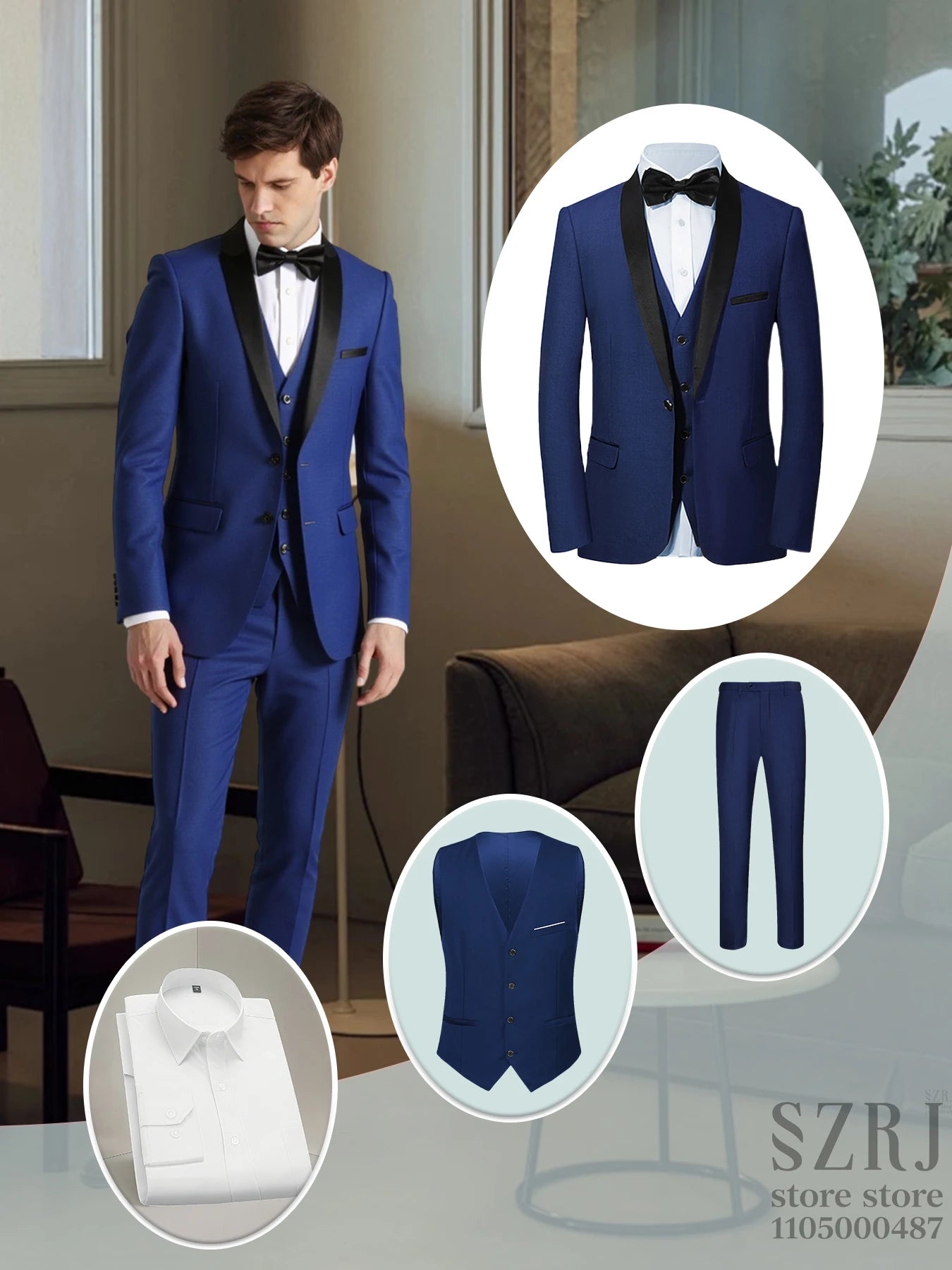 4Piece Men's Formal Suit Set Solid 2-Button Blazer+Vest+Shirt+Pants, Regular Fit for Business/Wedding/Office, All-Season