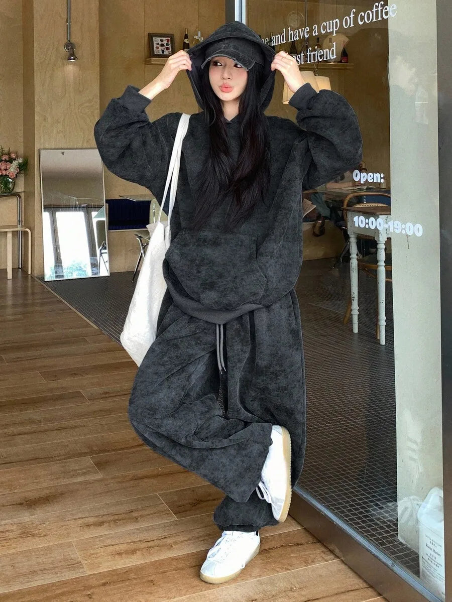 2pcs Set Women Hooded Casual Korean Style Sweatshirt And Loose Sweatpants Tracksuit