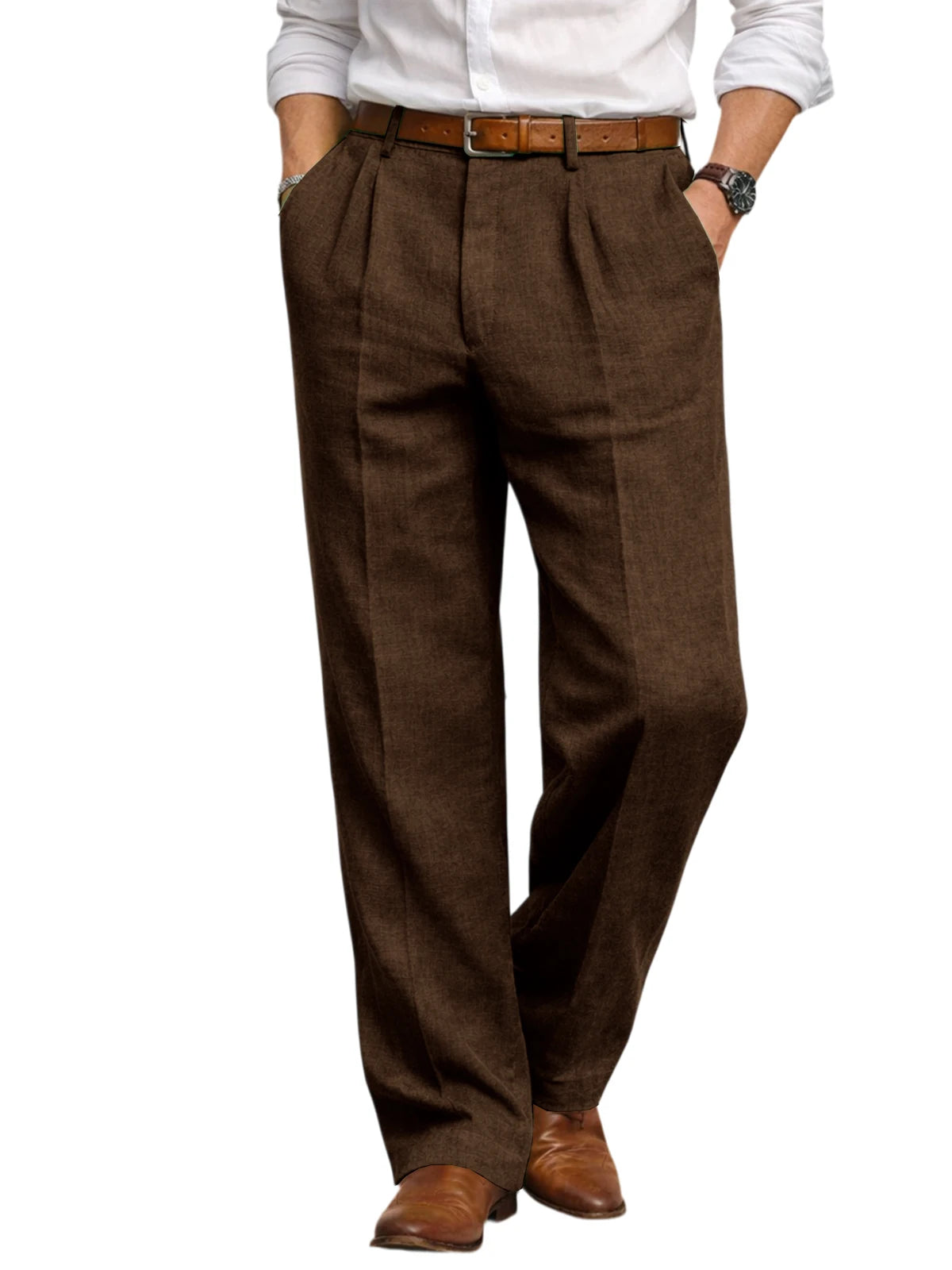 Men's Summer Linen Suit Pants High Waist Pleated Wide Leg Casual Trousers Business Formal  Breathable Loose Fit Straight Pants