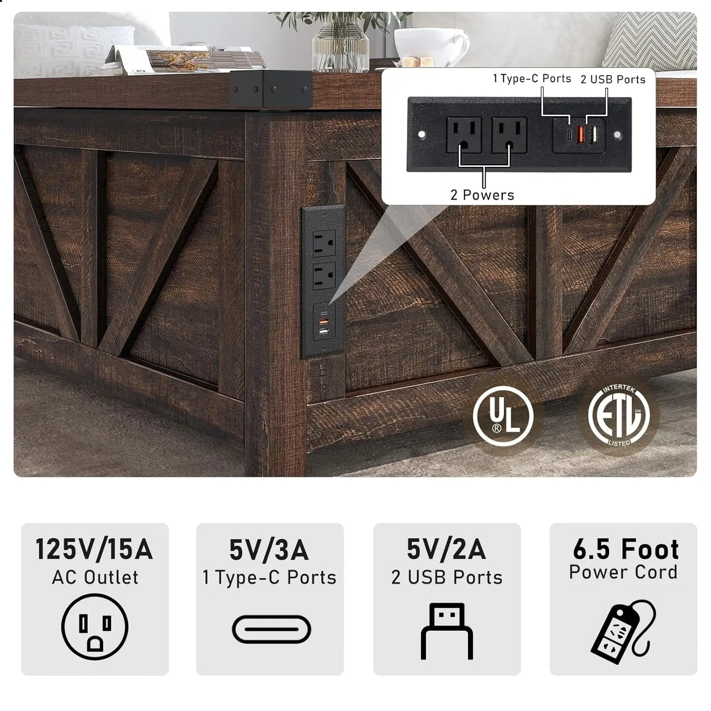 Farmhouse Lift Top Coffee Table with Storage, Wood Square Center Table with Charging Station&USB Port, Living Room, Customized