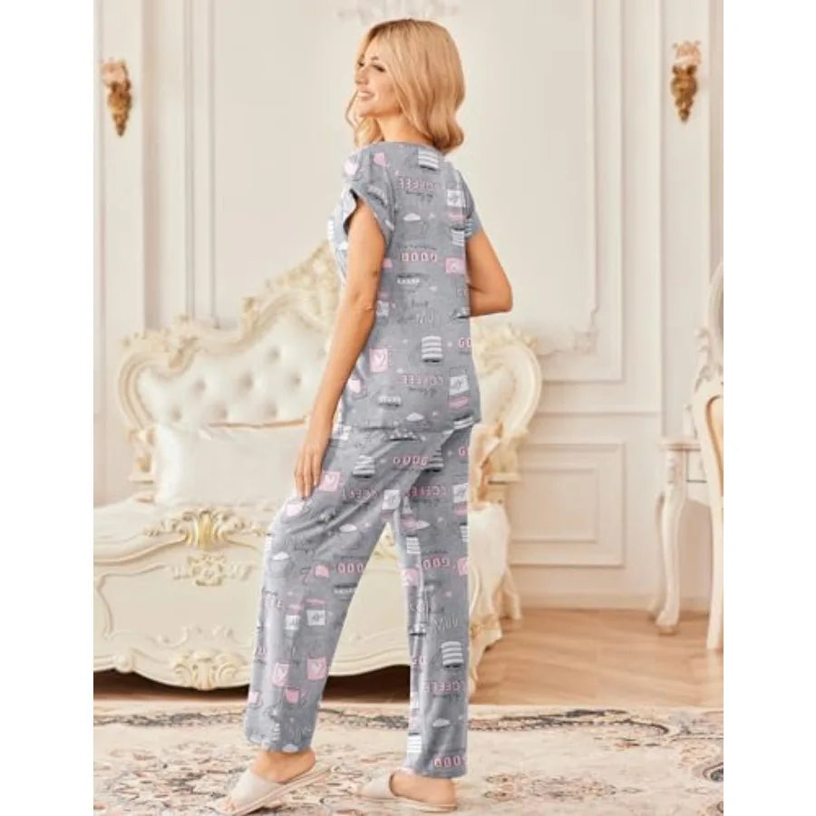 Ekouaer 2 Pack Womens Pajamas Short Sleeve Sleepwear Top with Pants Super-Soft Printed Lounge Sets S-XXL