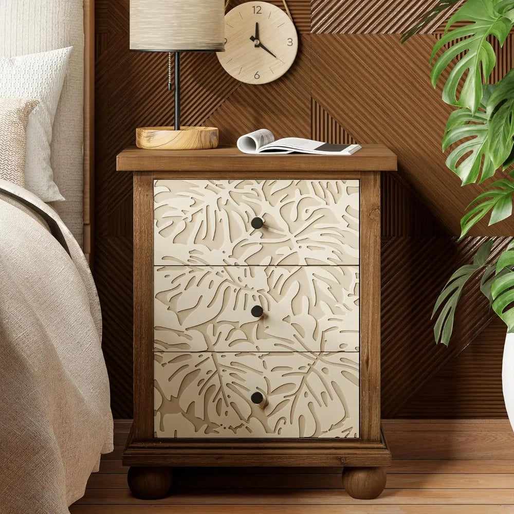 Farmhouse 3-Drawer Nightstand with Leaves Pattern Carved, Set of 2 Vintage French Country End Table for Bedroom,, Customized