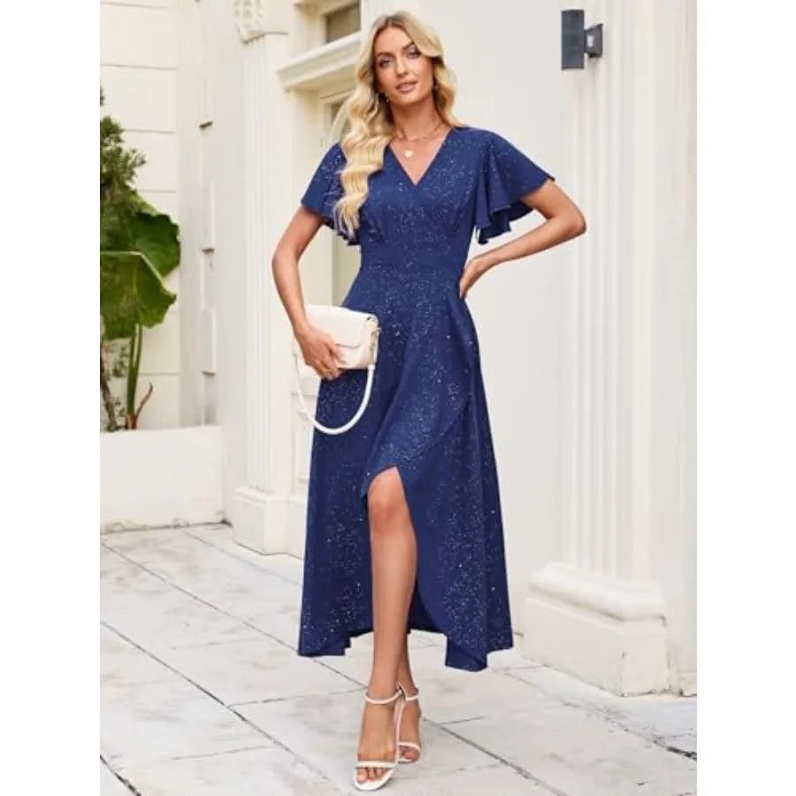 Long Formal Dresses for Women Gowns Evening Party Cocktail Dress, Split Elegant V Neck Wrap Ruffle Wedding Guest Dresses