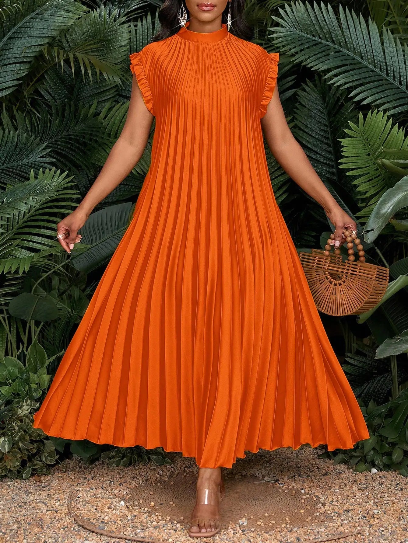 Pleated A-Line Maxi Dress With Stand Collar And Ruffle Cap Sleeves For Party Wedding Beach Event