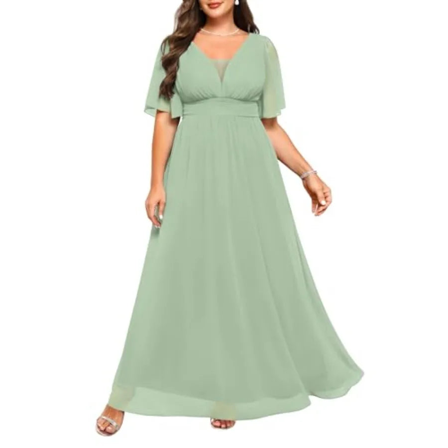 Talisea Plus Size Formal Dresses - V Neck Flutter Sleeves Evening Gowns Bridesmaid Wedding Guest Chiffon Long Maxi Dress