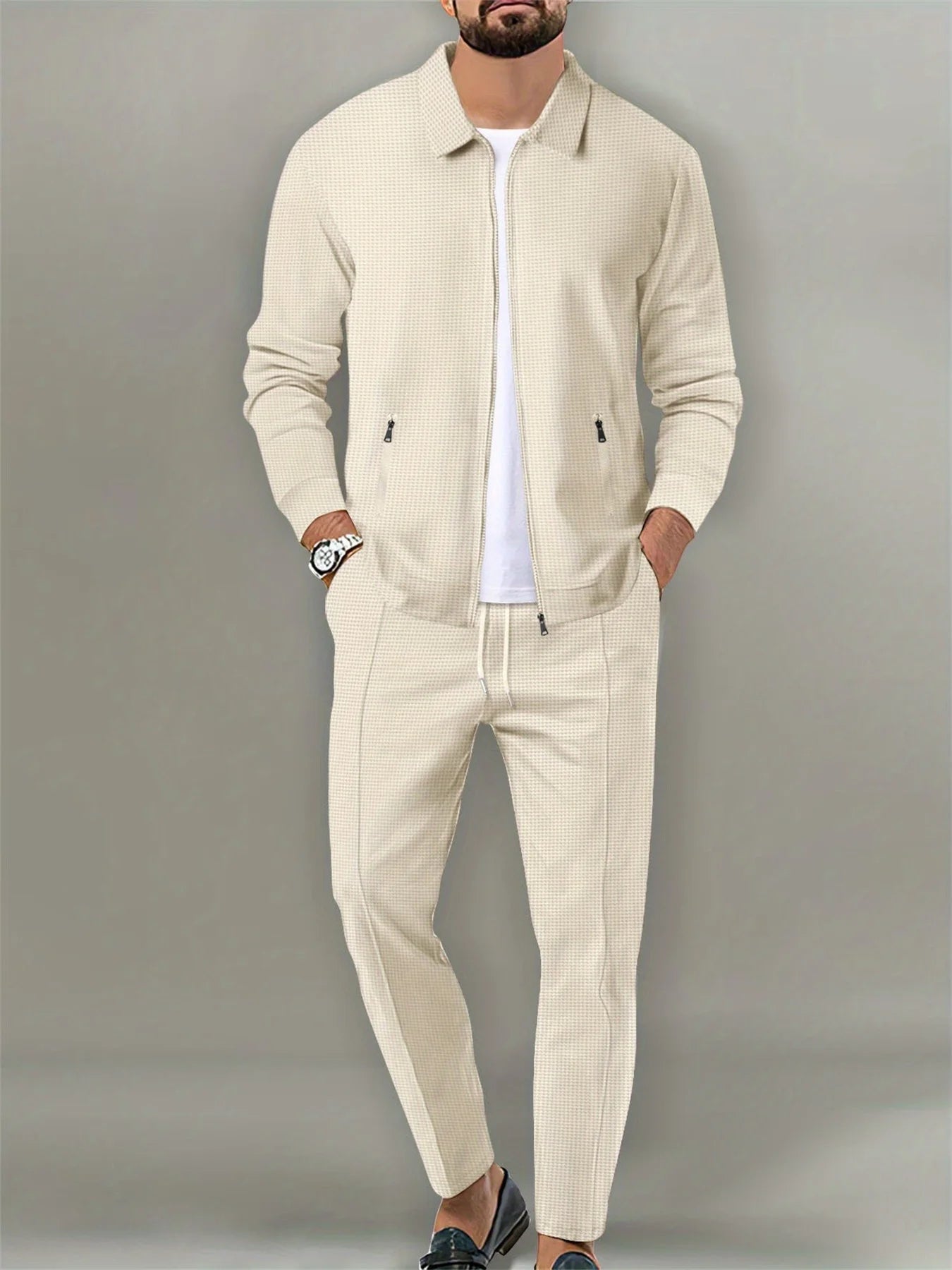 Men's coat, waffle, zipper pocket, lapel, slim cardigan, Men's jacket set - the best choice for casual wear and outdoor outfits