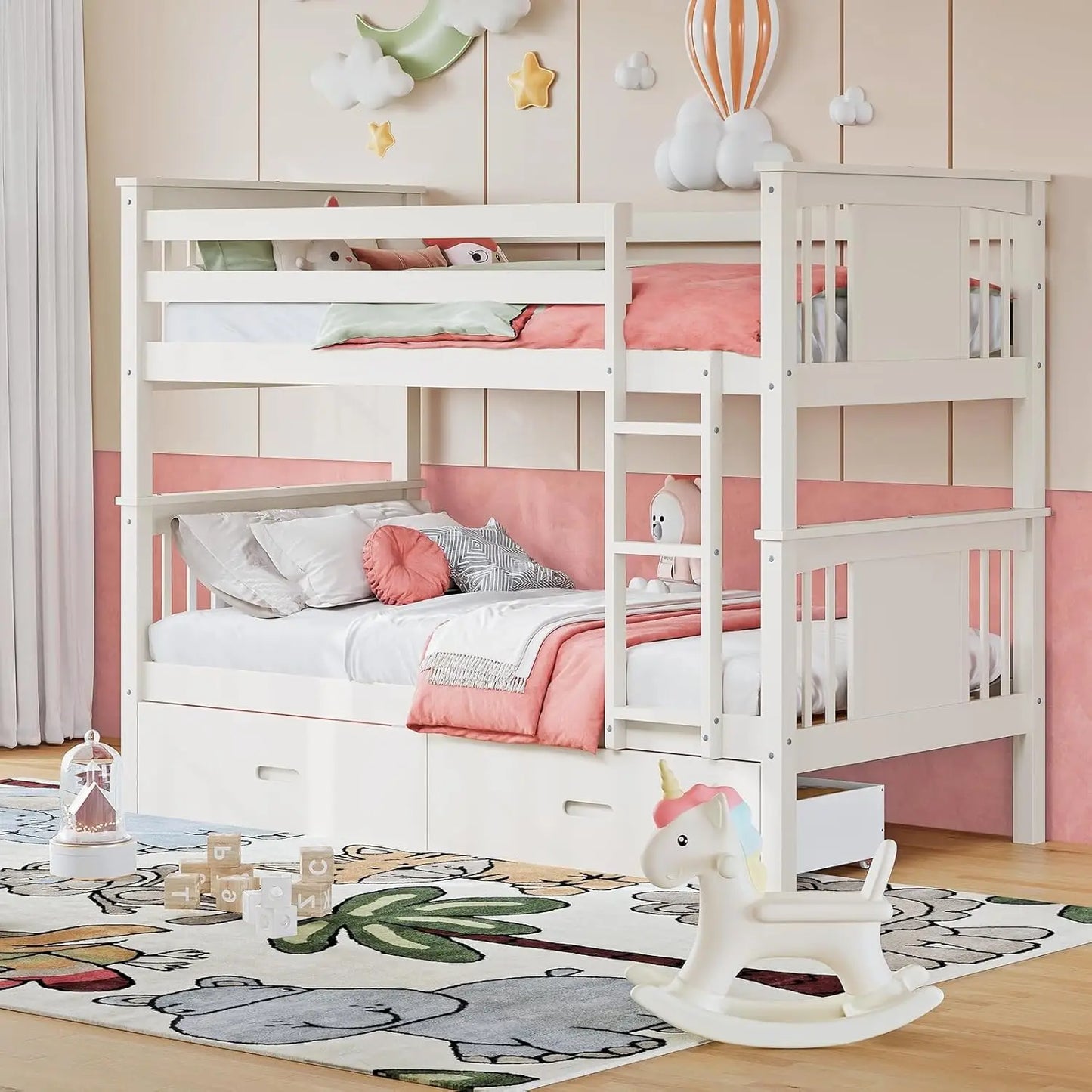 Bunk Bed Twin Over Twin with Storage Drawers, Gray Convertible Wood Twin Bunk Beds with Ladder and Safety, Customized