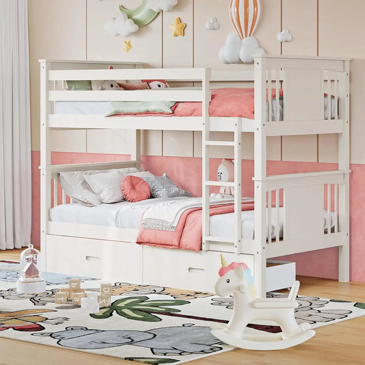 Bunk Bed Twin Over Twin with Storage Drawers, Gray Convertible Wood Twin Bunk Beds with Ladder and Safety, Customized