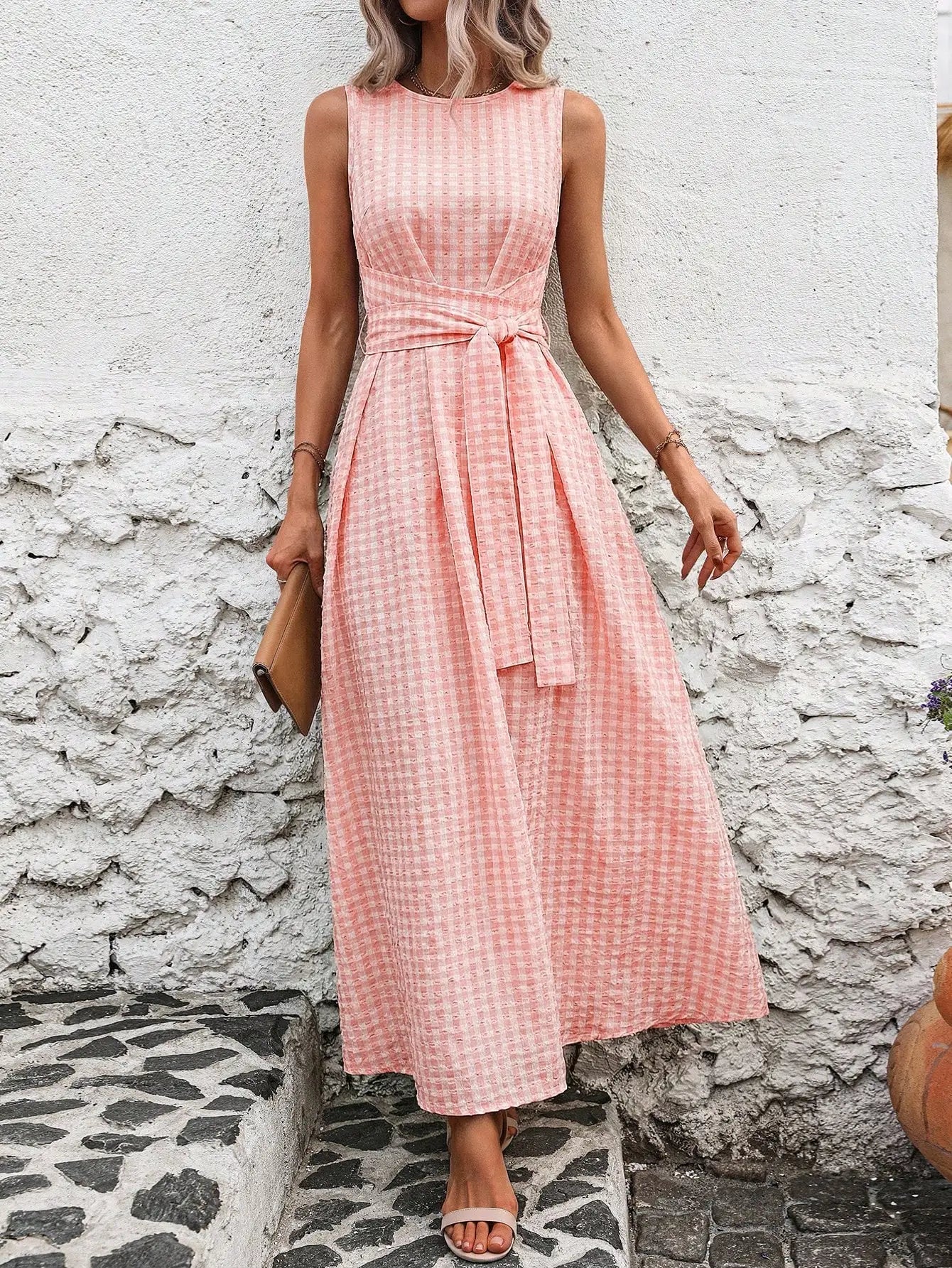 Women's Round Neck Plaid Knotted Waist A-Line Dress For Party Casual Outing
