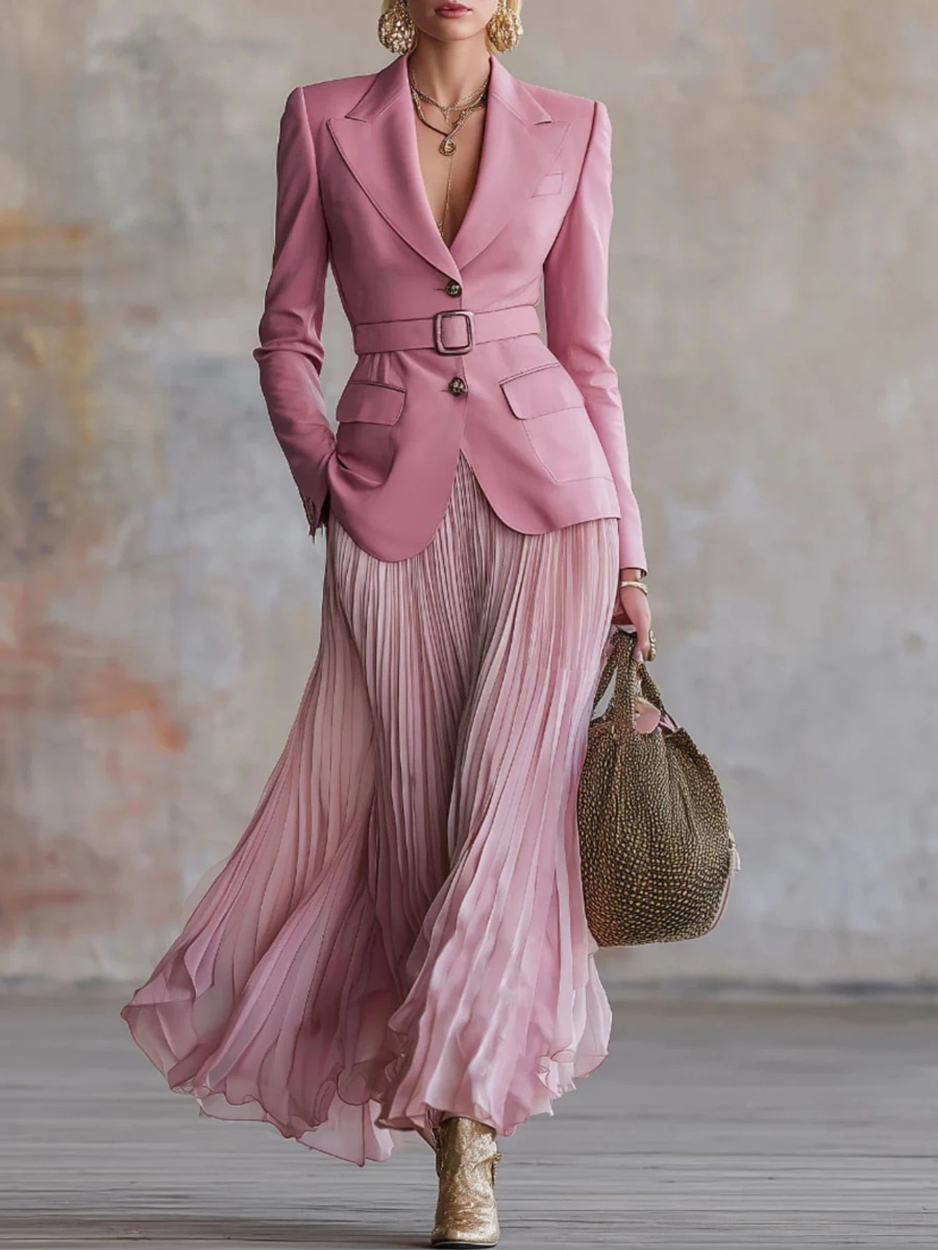 Women Two Piece Notched Lapel Blazer with Pleated Skirt Suit