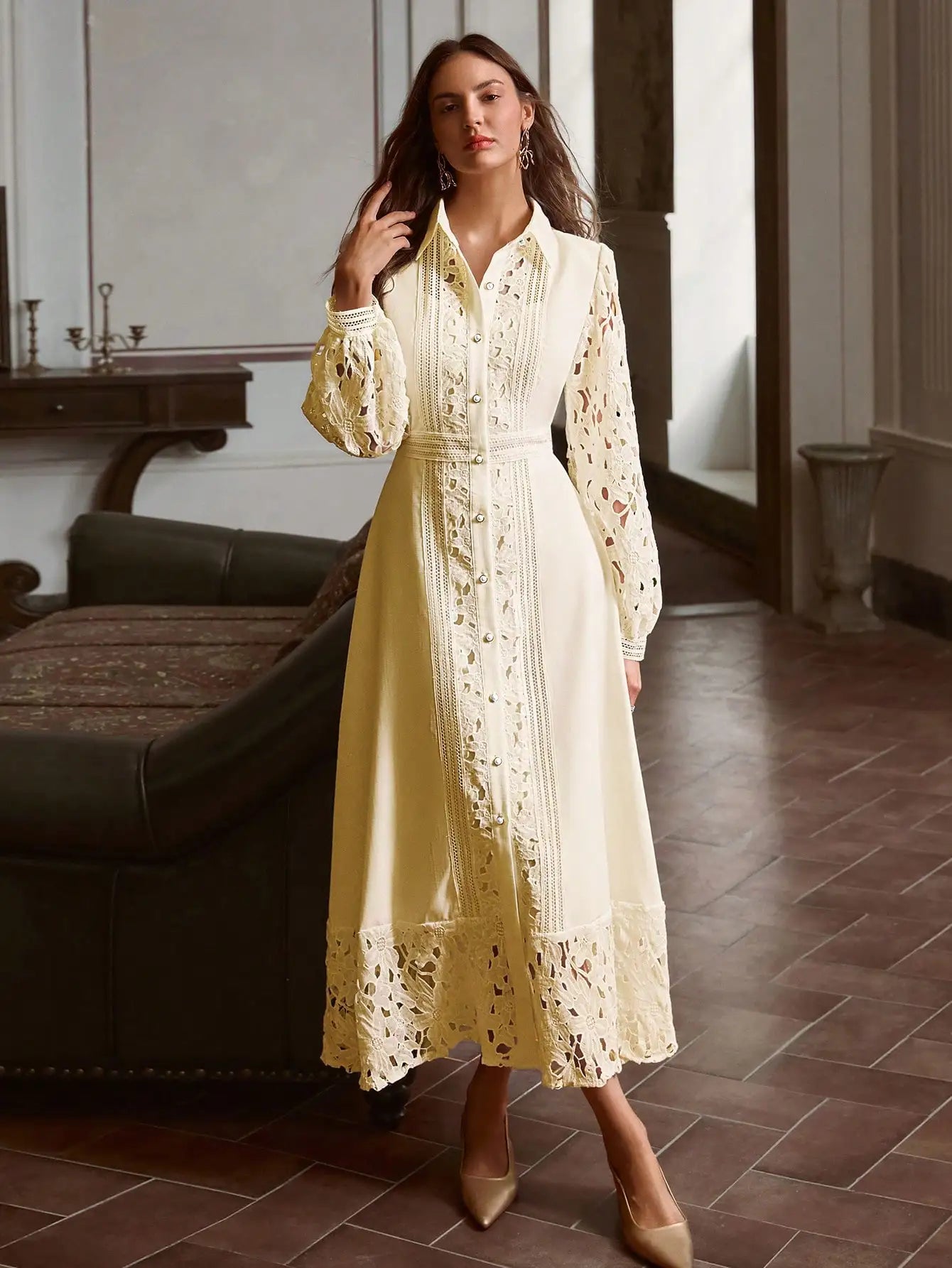 Elegant Solid Sky Blue Hollow Lace Patchwork Button Down Dress Vintage Style