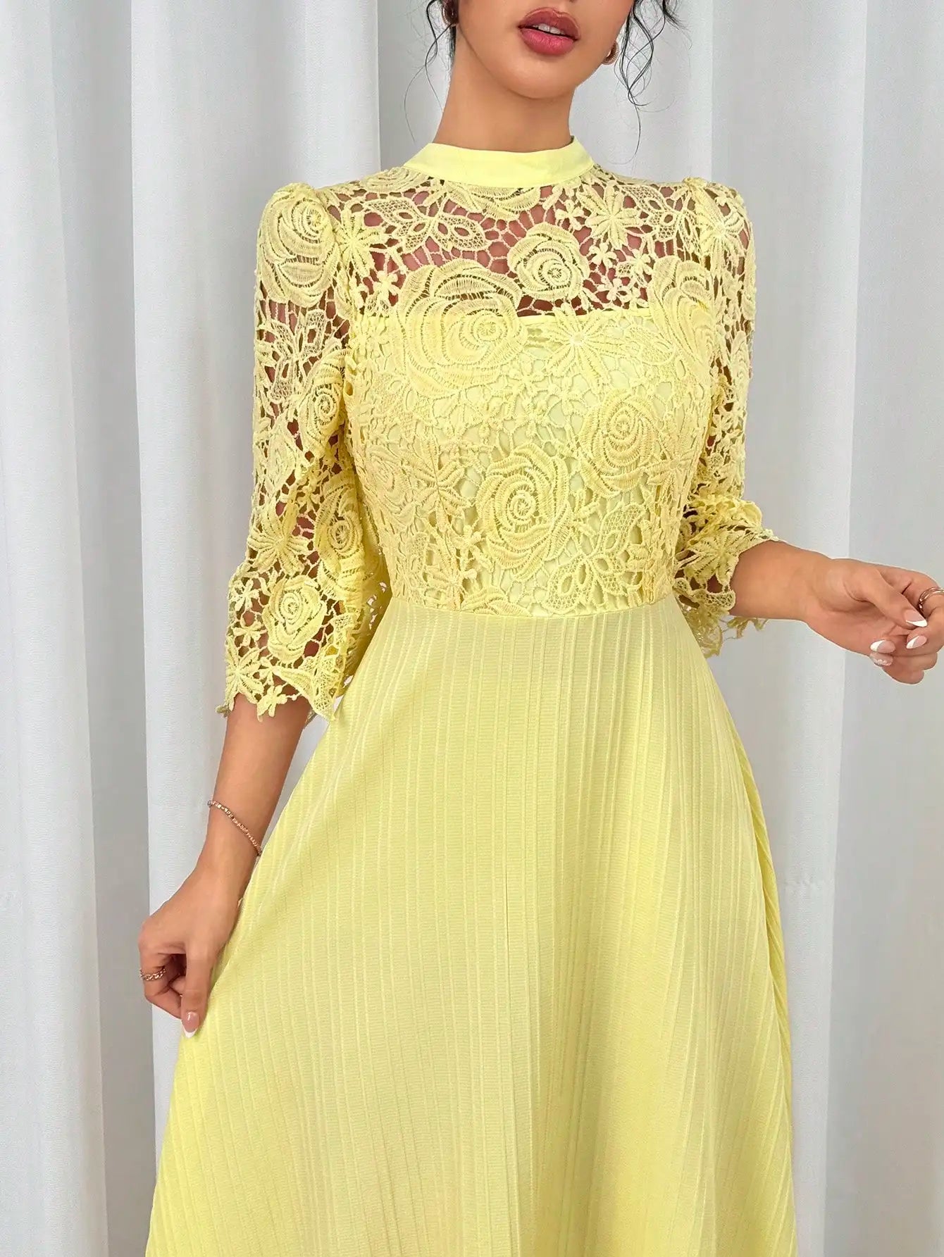 Yellow Lace Embroidered Floral Maxi Dress With Pleated Skirt And Flare Sleeves