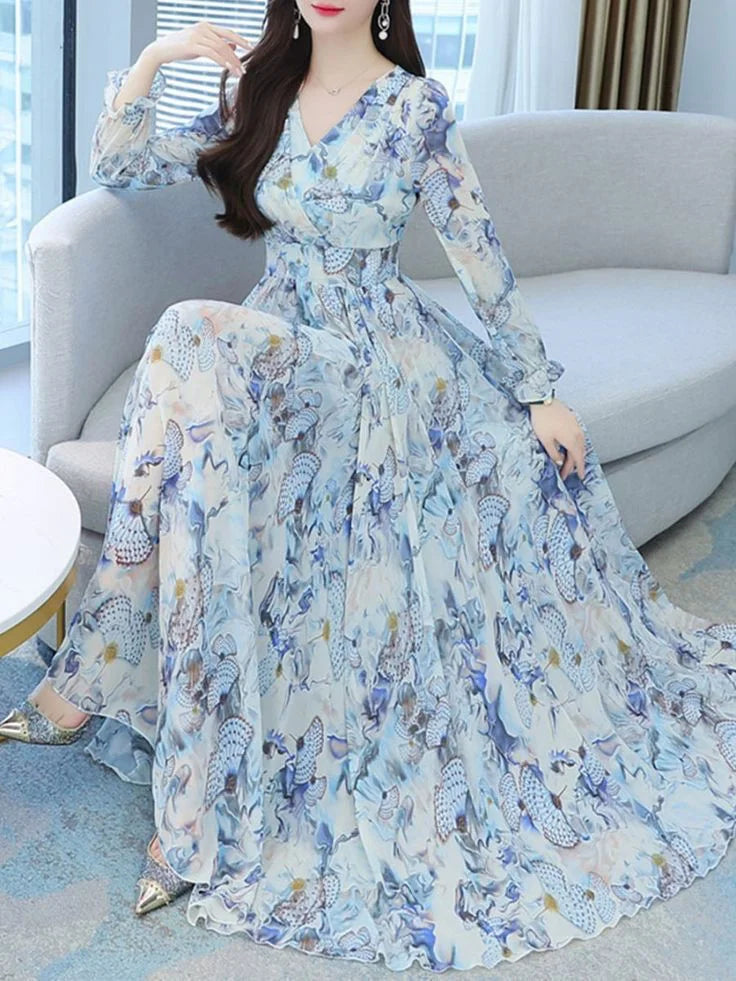 Vacation Style Women Summer V Neck Long Sleeve Butterfly Print Flared Hem Maxi Dress
