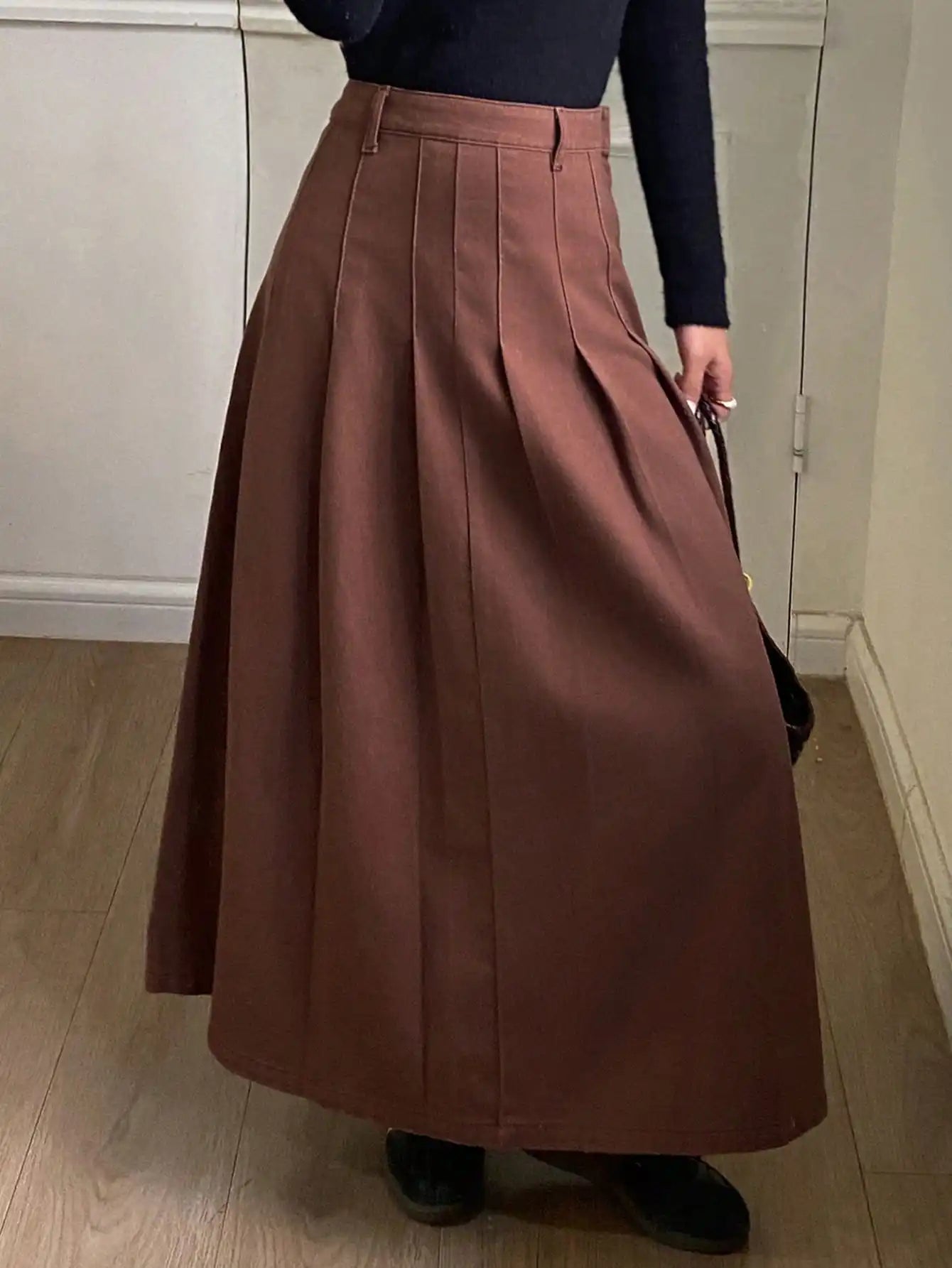 Women's Washed Pleated A-Line Skirt in Brown, Autumn Casual Style