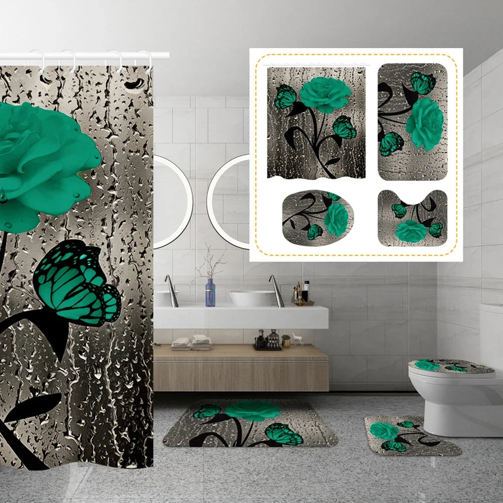 Shower Curtain Set With Bath Mat And U Shape Toilet Lid Cover