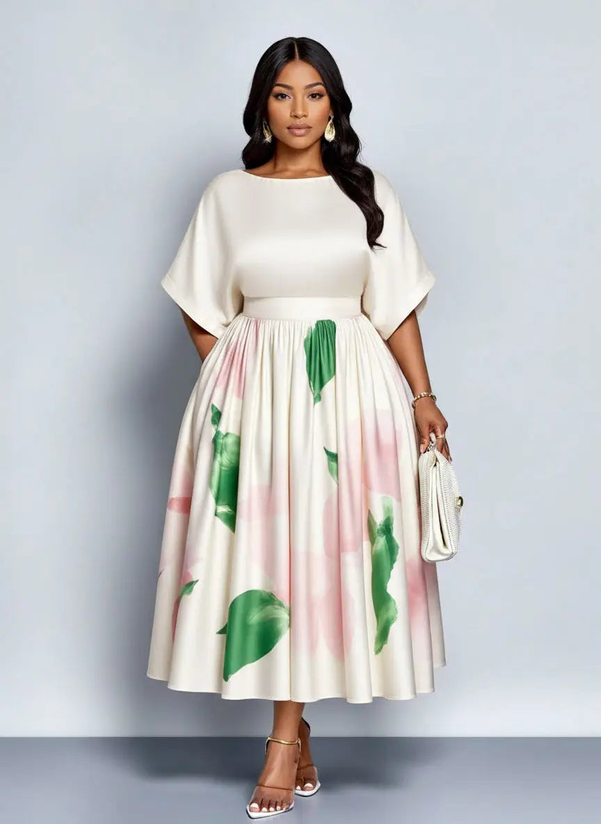 Plus Size Round Neck Batwing Sleeve Printed Midi Swing Dress For Women Wedding Guest Brunch Daily Elegant Party Occasions