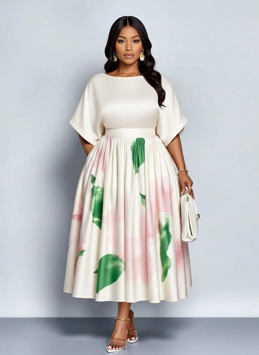 Plus Size Round Neck Batwing Sleeve Printed Midi Swing Dress For Women Wedding Guest Brunch Daily Elegant Party Occasions