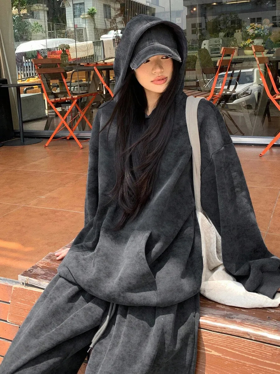 2pcs Set Women Hooded Casual Korean Style Sweatshirt And Loose Sweatpants Tracksuit